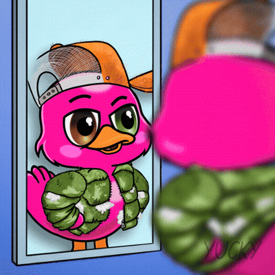A Drawing Of A Pink Duck Wearing A Hat And A Jacket GIF