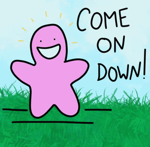 A Drawing Of A Pink Star With The Words Come On Down Written Below It GIF