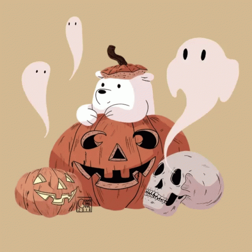 A Drawing Of A Polar Bear Sitting On A Pumpkin With Ghosts Around It GIF