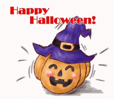 A Drawing Of A Pumpkin Wearing A Witch Hat With The Words Happy Halloween Above It GIF