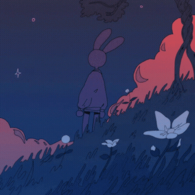 a drawing of a rabbit in a field with flowers and trees
