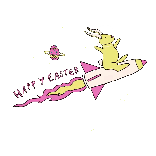 A Drawing Of A Rabbit Riding A Rocket With The Words Happy Easter Written Below It Sticker