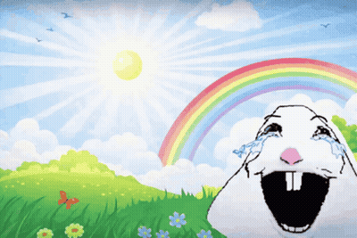 A Drawing Of A Rabbit With A Rainbow In The Background GIF