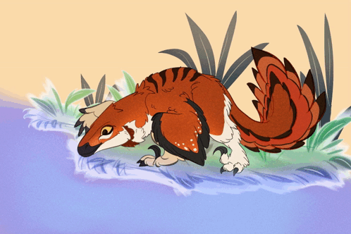 A Drawing Of A Red And White Animal With A Long Tail Standing In The Grass GIF