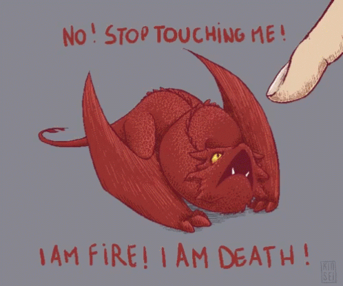 A Drawing Of A Red Dragon With The Words " No Stop Touching Me I Am Fire I Am Death " GIF