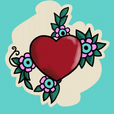 A Drawing Of A Red Heart Surrounded By Pink Flowers And Green Leaves GIF