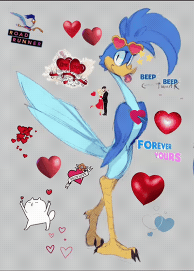 A Drawing Of A Road Runner Surrounded By Hearts And The Words " Forever Yours " GIF