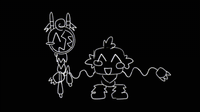 A Drawing Of A Robot And A Cartoon Character On A Black Background GIF