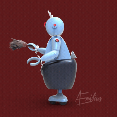 A Drawing Of A Robot Holding A Broom With The Name Emilius Below It GIF