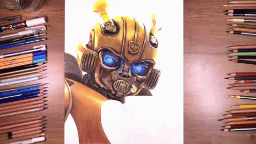 A Drawing Of A Robot With Blue Eyes Is Surrounded By Colored Pencils GIF