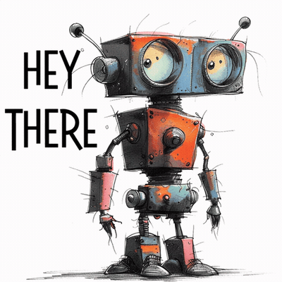 A Drawing Of A Robot With The Words Hey There Behind It GIF