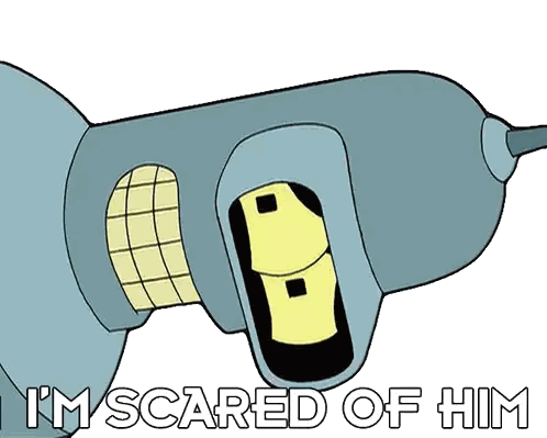 A Drawing Of A Robot With The Words I 'M Scared Of Him Sticker