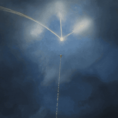 A Drawing Of A Rocket Flying Through The Sky GIF