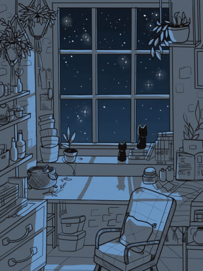 A Drawing Of A Room With A Cat Looking Out A Window At Night GIF