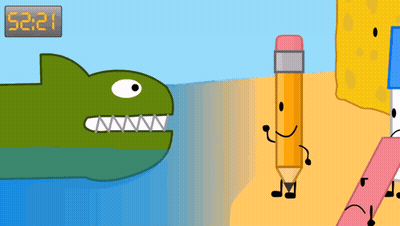 A Drawing Of A Shark And A Pencil With A Clock That Says 52.21 GIF