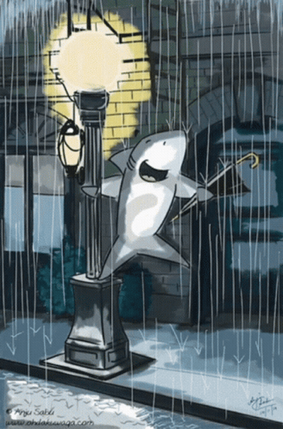 A Drawing Of A Shark Holding An Umbrella Standing On A Lamp Post GIF