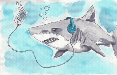 A Drawing Of A Shark Wearing Headphones With The Words Almost Heaven West Virginia On It GIF
