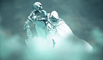 A Drawing Of A Skeleton And A Man In A Hood GIF