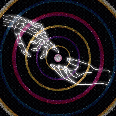 A Drawing Of A Skeleton Hand Reaching Out Towards A Diamond GIF