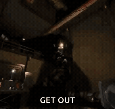 A Drawing Of A Skeleton Holding A Gun With The Words Get Out Written Below It GIF