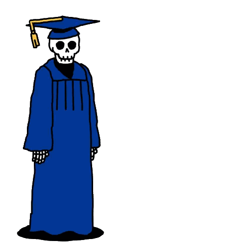 A Drawing Of A Skeleton In A Blue Robe Standing Next To A Red Ball With A Skull On It Sticker