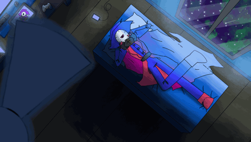 A Drawing Of A Skeleton Laying On A Bed With A Cd Player In The Background GIF