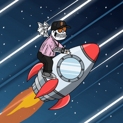 A Drawing Of A Skeleton Riding A Rocket In Space GIF