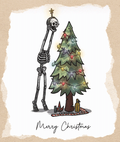 A Drawing Of A Skeleton Standing Next To A Christmas Tree With The Words Merry Christmas Written Below It GIF