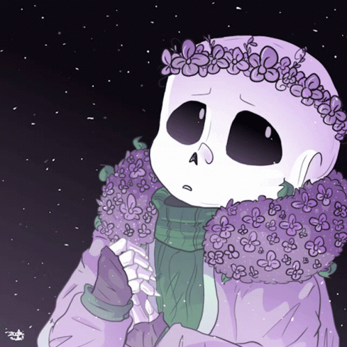 A Drawing Of A Skeleton Wearing Purple Flowers And A Green Scarf GIF