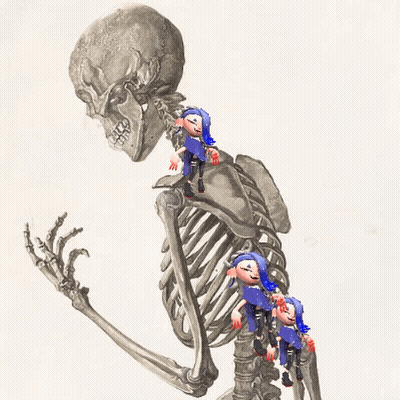 A Drawing Of A Skeleton With Three Cartoon Characters On Top GIF