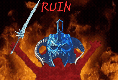 A Drawing Of A Skull Holding A Sword With The Word Ruin Written Above It GIF