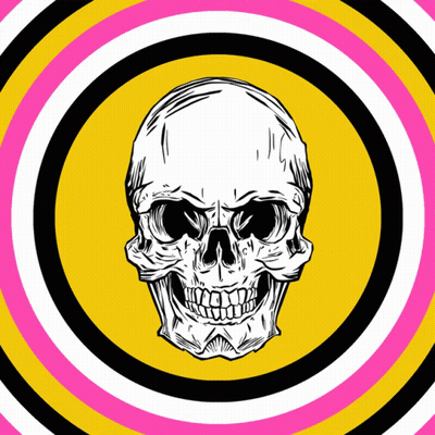 A Drawing Of A Skull In A Circle With A Pink And Yellow Background GIF