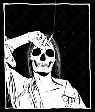 A Drawing Of A Skull Smoking A Cigarette With Smoke Coming Out Of It GIF