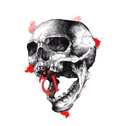A Drawing Of A Skull With A Red Arrow Sticking Out Of Its Mouth Sticker