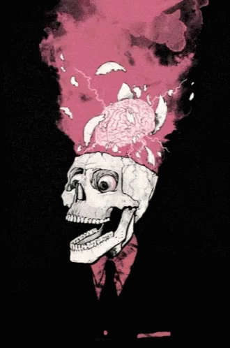 A Drawing Of A Skull With Pink Smoke Coming Out Of Its Head GIF