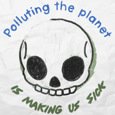 A Drawing Of A Skull With Polluting The Planet Written Around It GIF