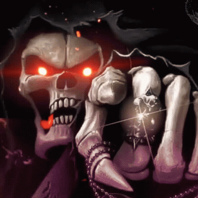A Drawing Of A Skull With Red Eyes Holding Something In His Hands GIF