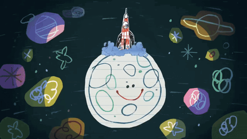 A Drawing Of A Smiling Moon With A Rocket On Top Of It GIF