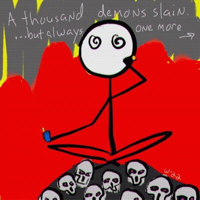 A Drawing Of A Stick Figure Sitting On A Pile Of Skulls With The Words A Thousand But Always One More Written Below GIF