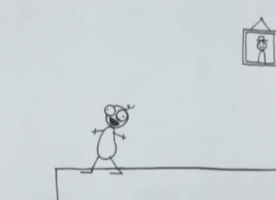 A Drawing Of A Stick Figure Standing On A Ledge Next To A Picture On A Wall . GIF