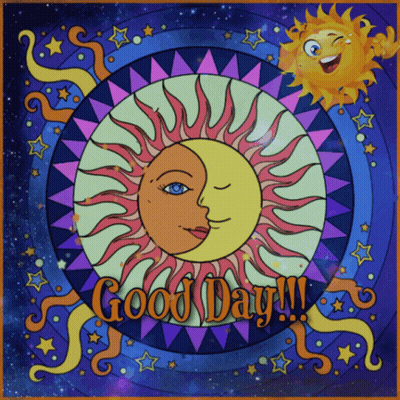 A Drawing Of A Sun And A Crescent Moon With The Words Good Day GIF