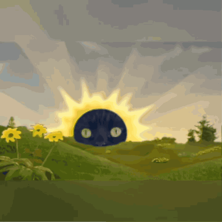 A Drawing Of A Sun With A Black Cat In The Middle GIF