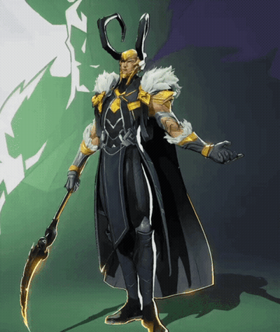 A Drawing Of A Superhero With Horns And A Scythe GIF