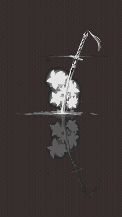 A Drawing Of A Sword Surrounded By Flowers On A Dark Background GIF