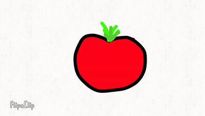 A Drawing Of A Tomato With A Green Stem And A Smiling Face GIF