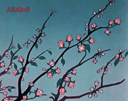 A Drawing Of A Tree With Pink Flowers And The Name Aliabdi In Red GIF