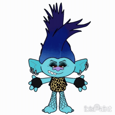 A Drawing Of A Troll With Blue Hair And A Leopard Print Shirt GIF