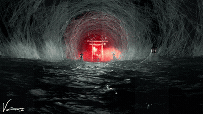 A Drawing Of A Tunnel With A Red Light At The End And The Letters V On The Bottom Right GIF
