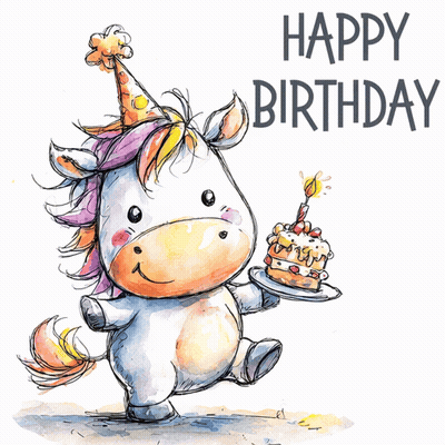 A Drawing Of A Unicorn Holding A Birthday Cake GIF