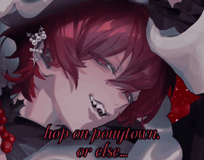 a drawing of a vampire with the words hop on ponytown or else below it